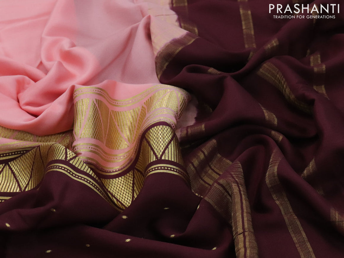 Pure mysore silk saree peach shade and deep maroon with half & half style and zari woven border