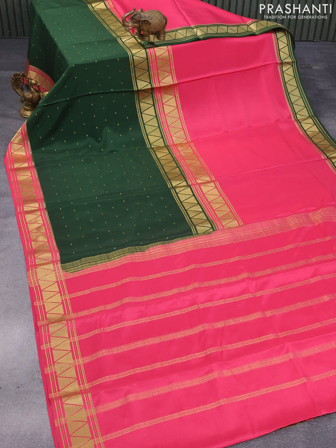 Pure mysore silk saree pink and dark green with half & half style and zari woven border