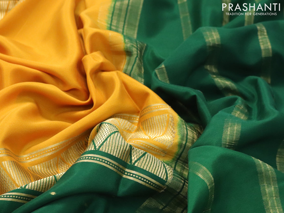 Pure mysore silk saree dark mustard and dark green with half & half style and zari woven border