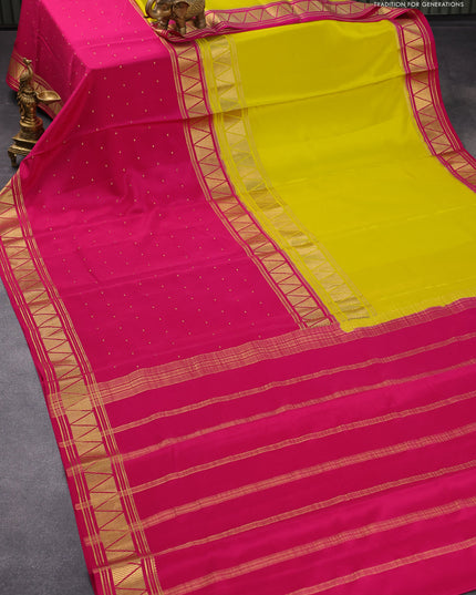 Pure mysore silk saree lime yellow and dark pink with half & half style and zari woven border
