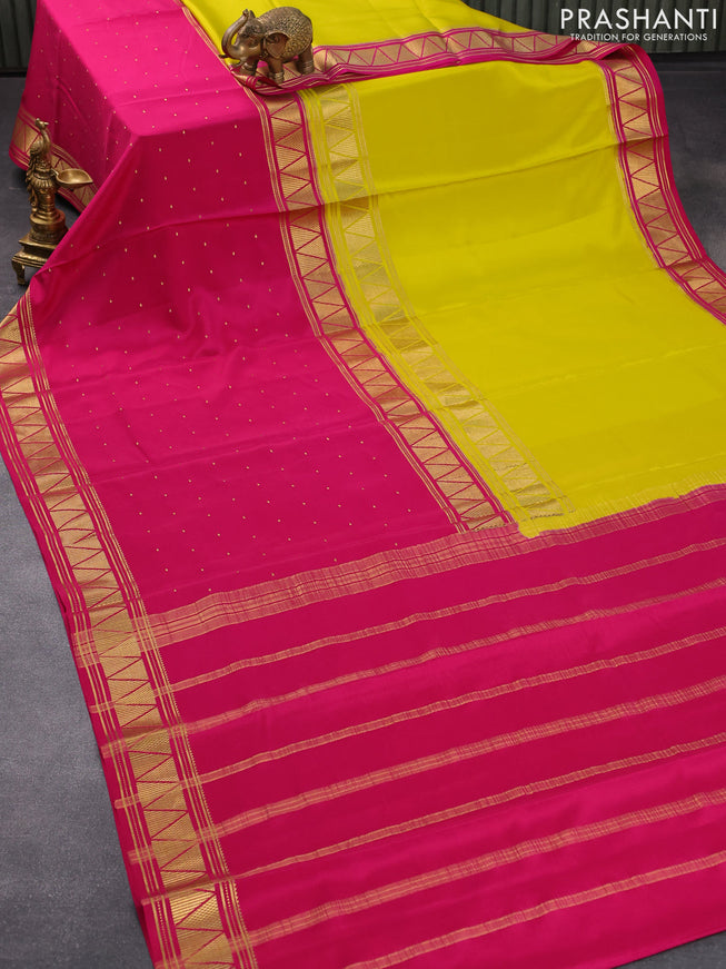 Pure mysore silk saree lime yellow and dark pink with half & half style and zari woven border