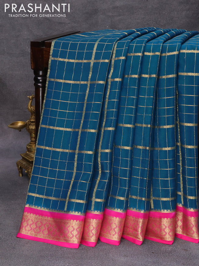 Pure mysore silk saree peacock blue and pink with allover zari checked pattern and zari woven border