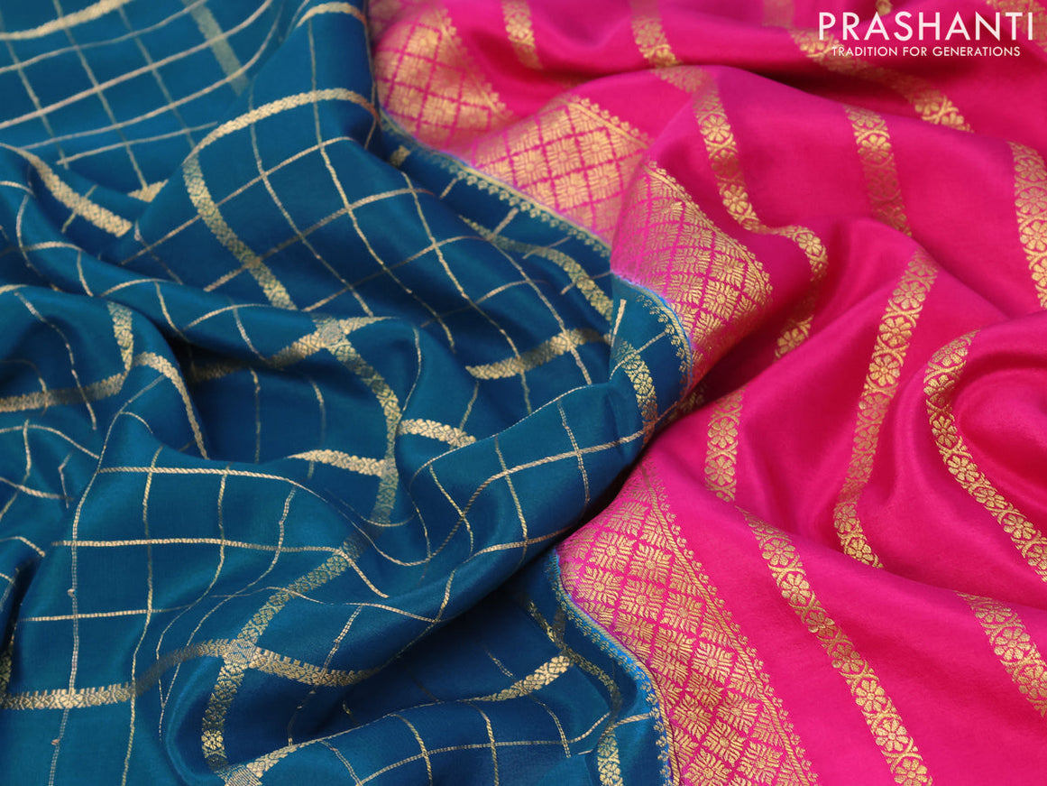 Pure mysore silk saree peacock blue and pink with allover zari checked pattern and zari woven border