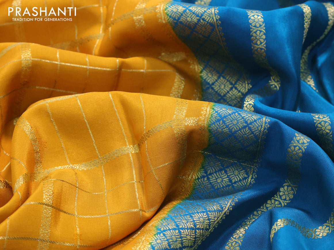 Pure mysore silk saree dark mustard and peacock blue with allover zari checked pattern and zari woven border