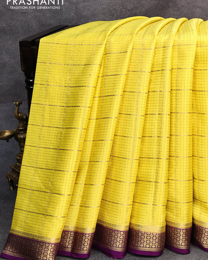 Pure mysore silk saree lime yellow and purple with allover zari checked pattern and zari woven border