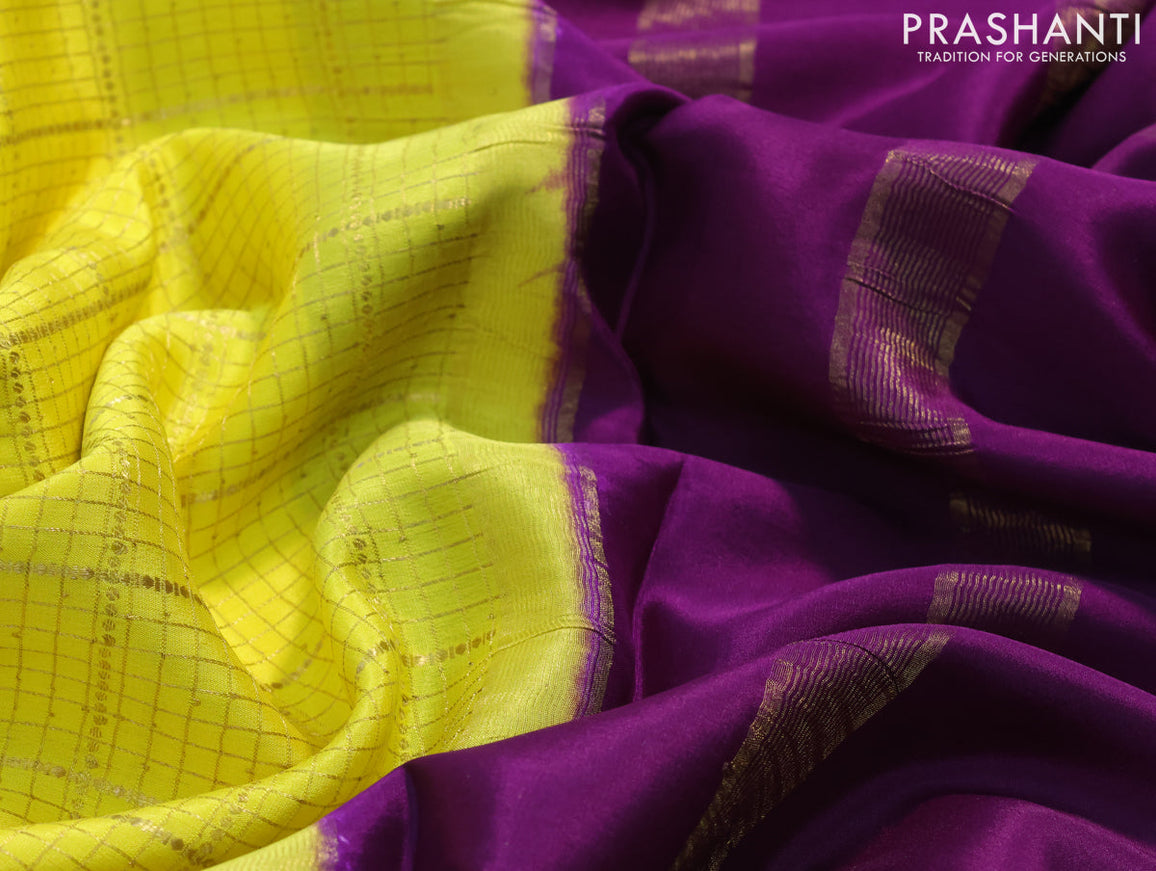 Pure mysore silk saree lime yellow and purple with allover zari checked pattern and zari woven border