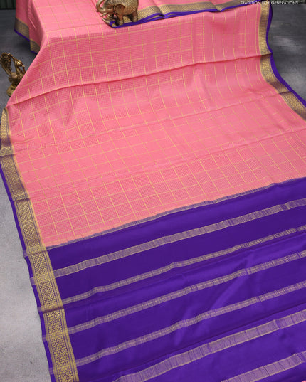 Pure mysore silk saree pastel pink and blue with allover zari checked pattern and zari woven border