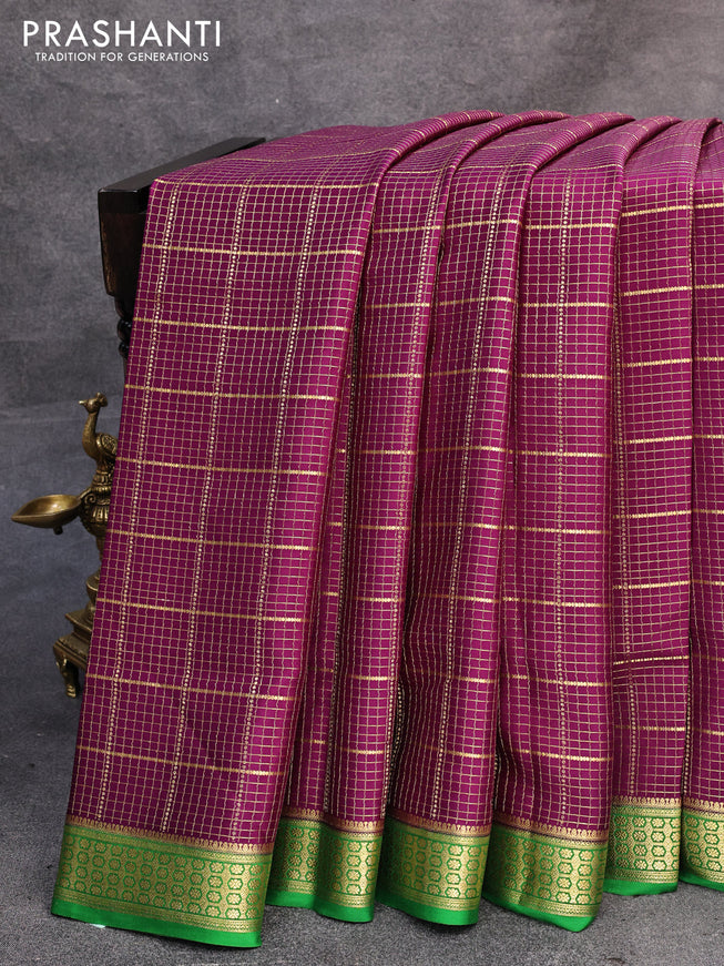 Pure mysore silk saree purple and green with allover zari checked pattern and zari woven border