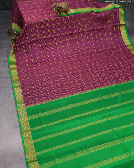 Pure mysore silk saree purple and green with allover zari checked pattern and zari woven border