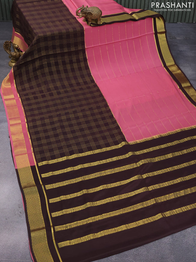 Pure mysore silk saree pastel pink and coffee brown with half & half style and zari woven border