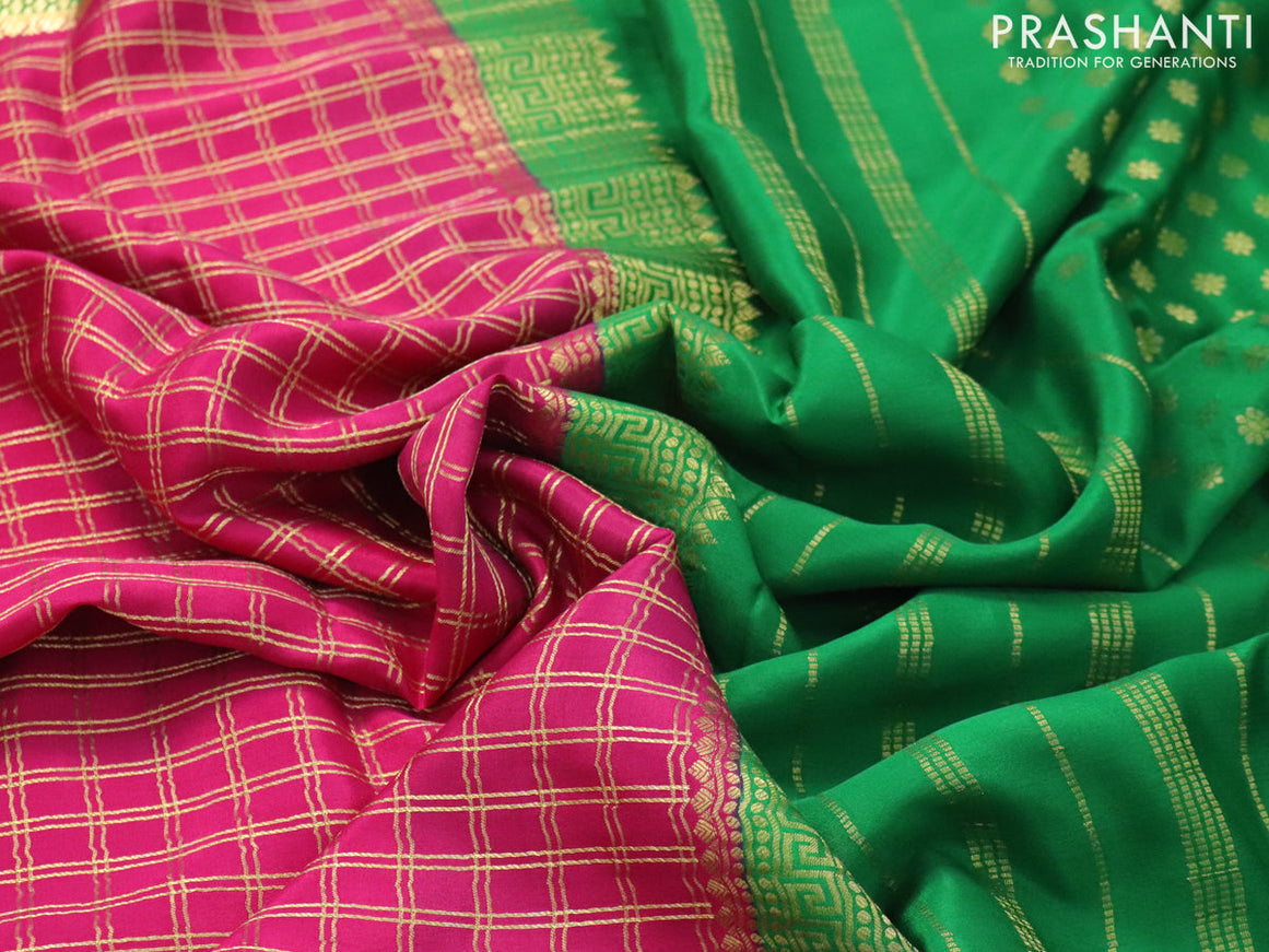 Pure mysore silk saree dark pink and green with allover zari checked pattern and zari woven border