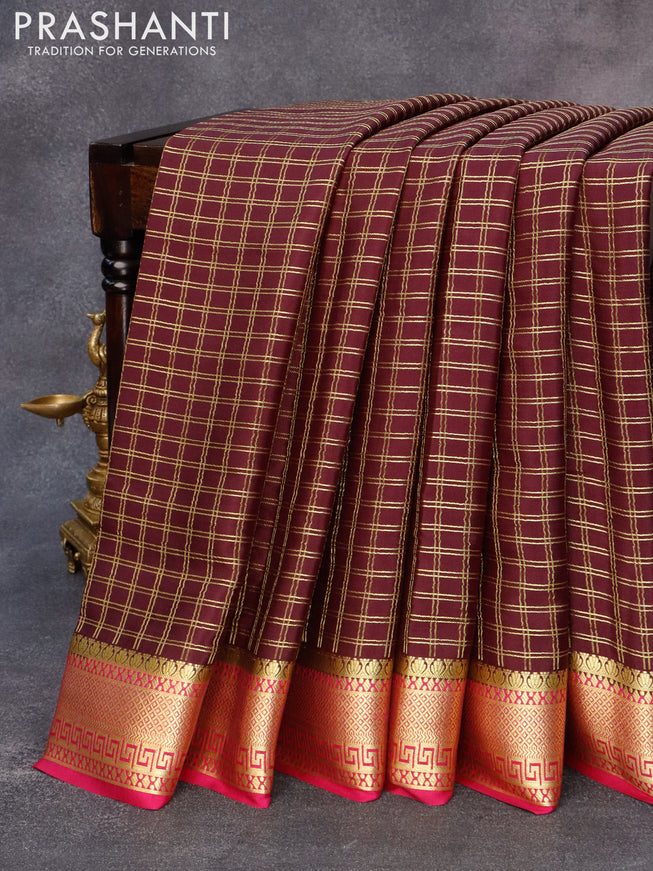Pure mysore silk saree deep wine shade and pink with allover zari checked pattern and zari woven border