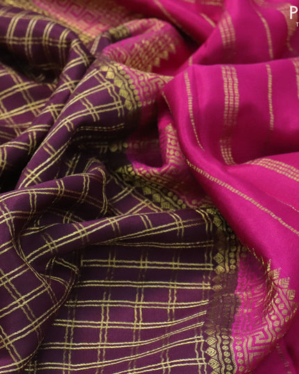 Pure mysore silk saree deep wine shade and pink with allover zari checked pattern and zari woven border