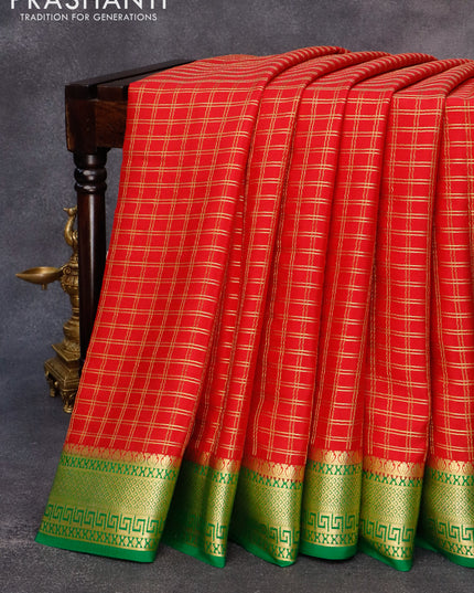 Pure mysore silk saree red and green with allover zari checked pattern and zari woven border