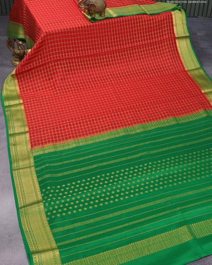 Pure mysore silk saree red and green with allover zari checked pattern and zari woven border
