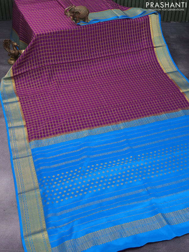 Pure mysore silk saree deep purple and cs blue with allover zari checked pattern and zari woven border