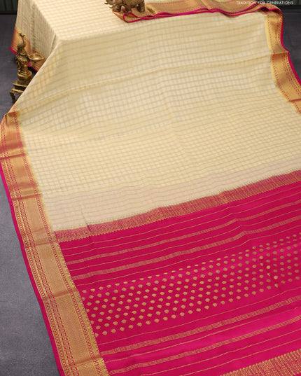 Pure mysore silk saree sandal and pink with allover zari checked pattern and zari woven border