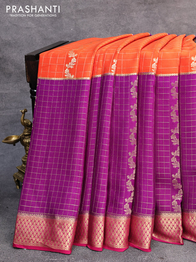 Pure mysore silk saree orange and violet pink with allover zari checks & weaves and zari woven border