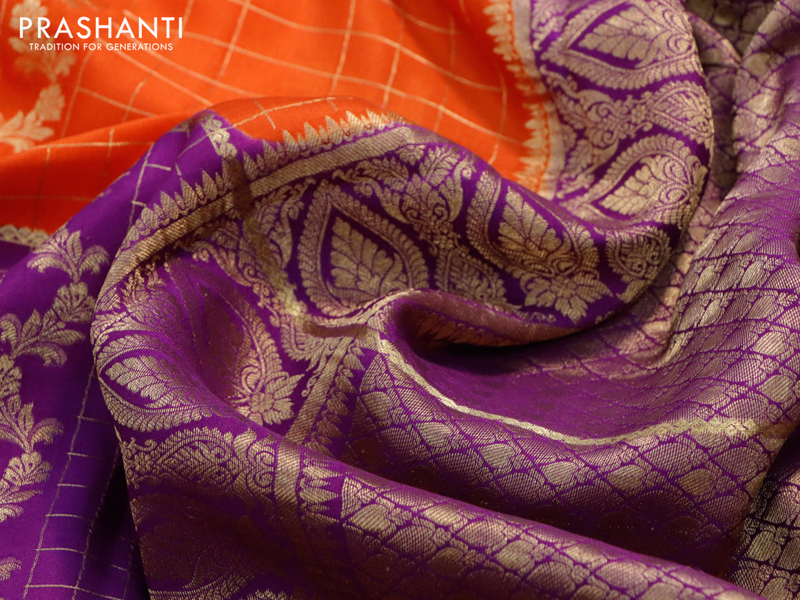 Pure mysore silk saree orange and violet pink with allover zari checks & weaves and zari woven border