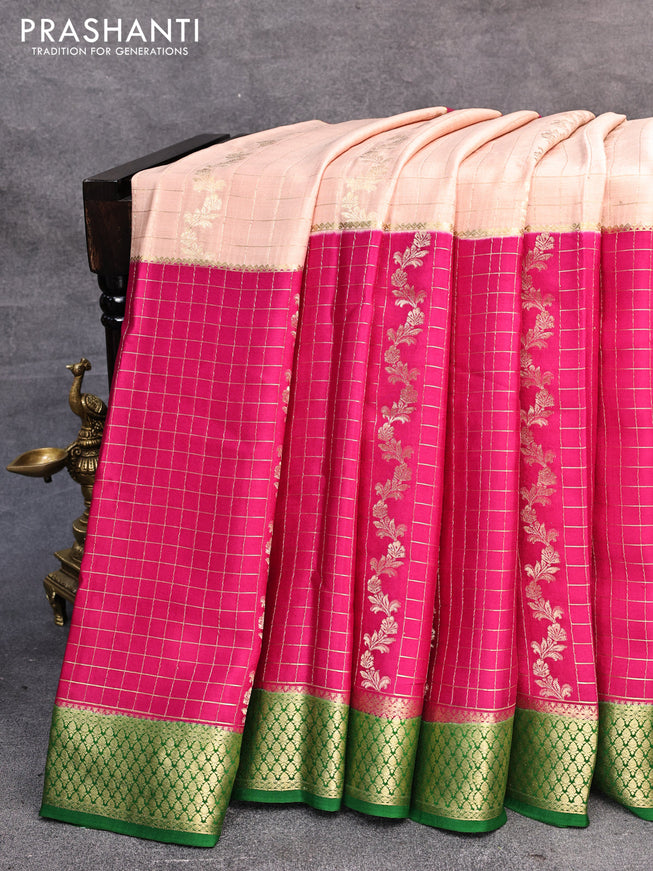 Pure mysore silk saree sandal and pink green with allover zari checks & weaves and zari woven border