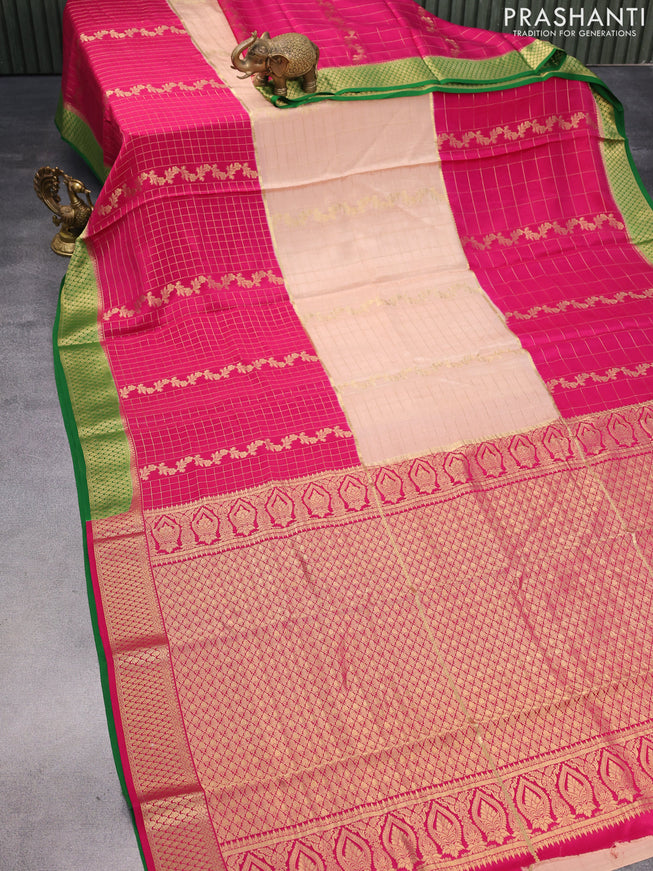 Pure mysore silk saree sandal and pink green with allover zari checks & weaves and zari woven border