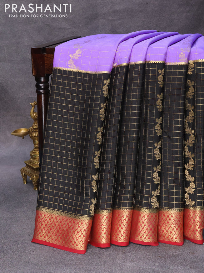 Pure mysore silk saree lavender black and maroon with allover zari weaves and zari woven border