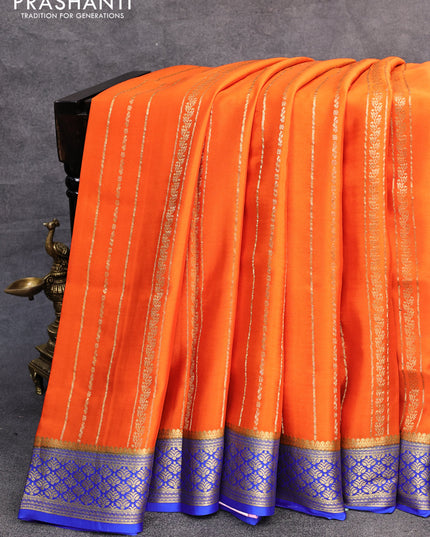 Pure mysore silk saree orange and royal blue with allover zari weaves and zari woven border