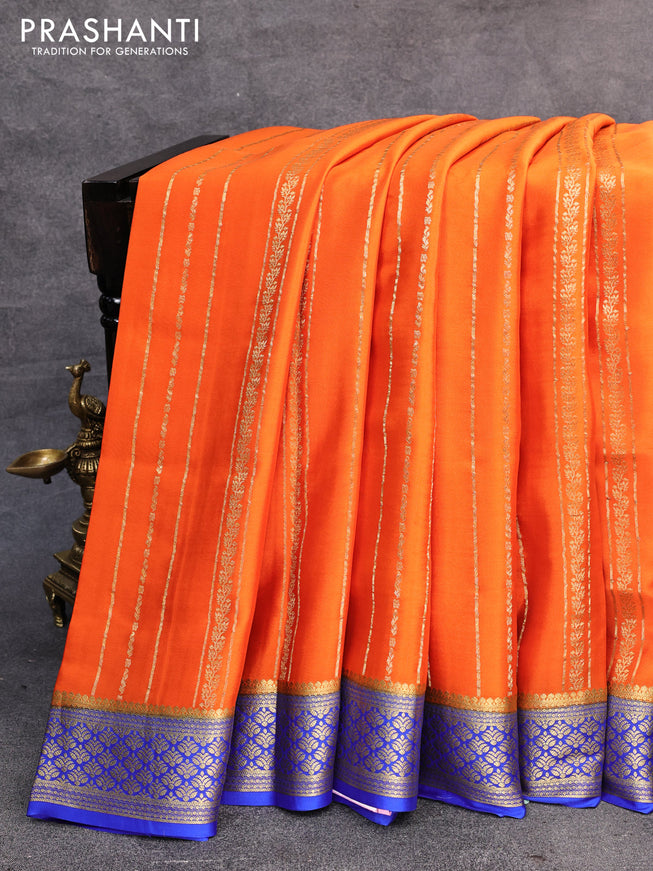 Pure mysore silk saree orange and royal blue with allover zari weaves and zari woven border