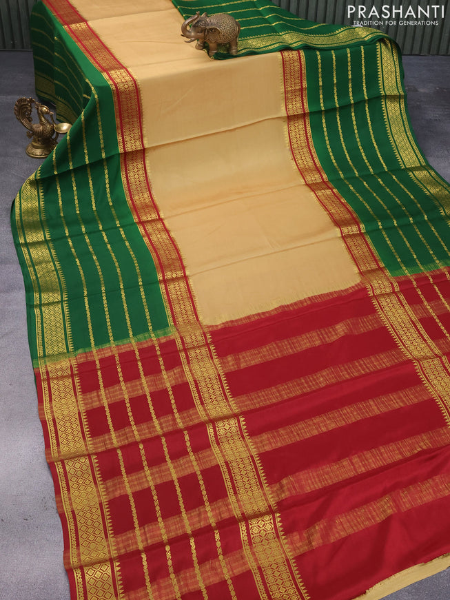 Pure mysore silk saree sandal green and maroon with plain body and long zari woven border