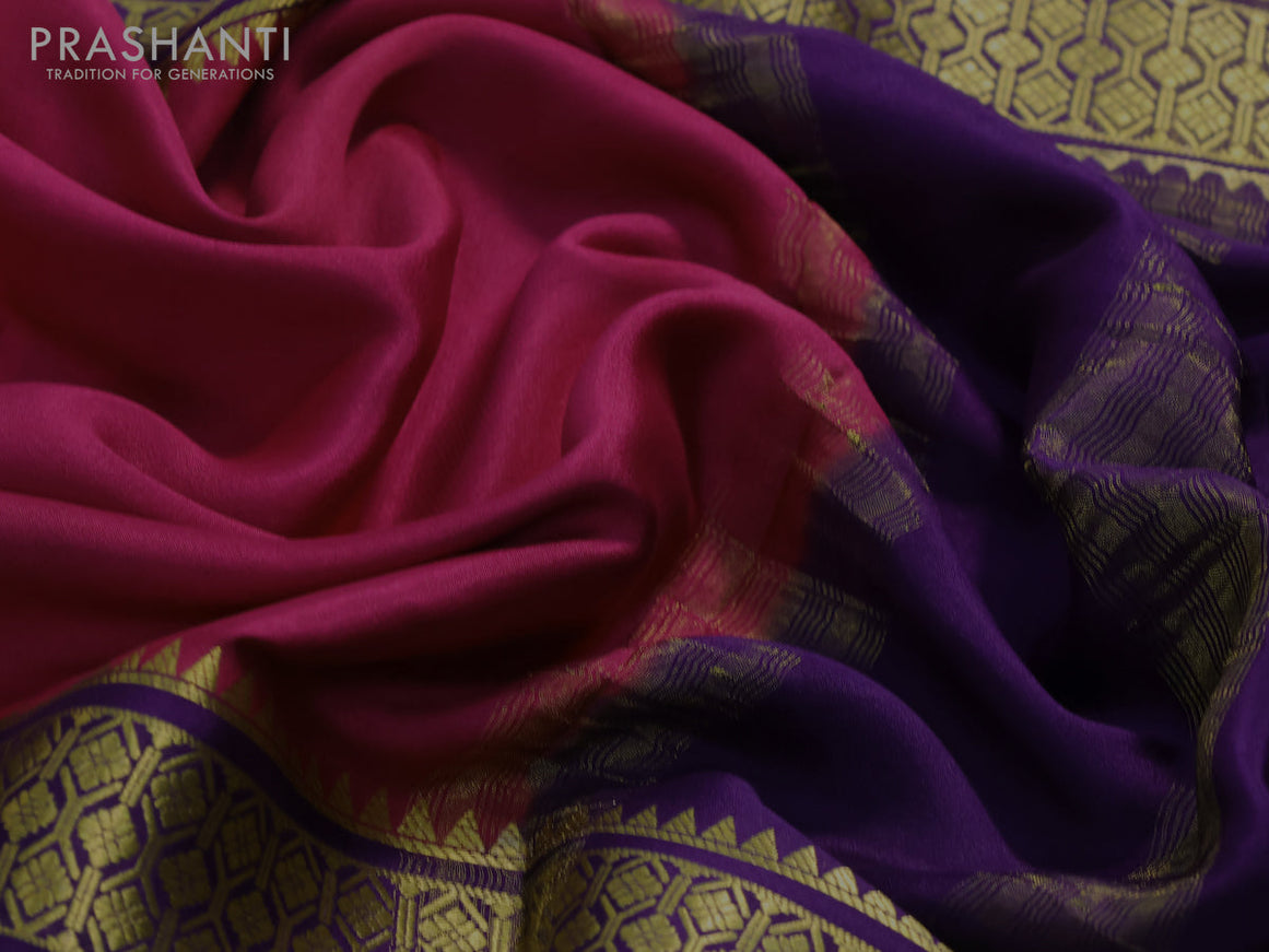 Pure mysore silk saree dark pink and green violet with plain body and long zari woven border