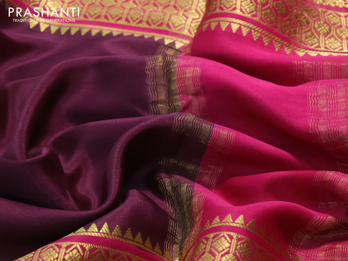 Pure mysore silk saree wine shade and green dark pink with plain body and long zari woven border