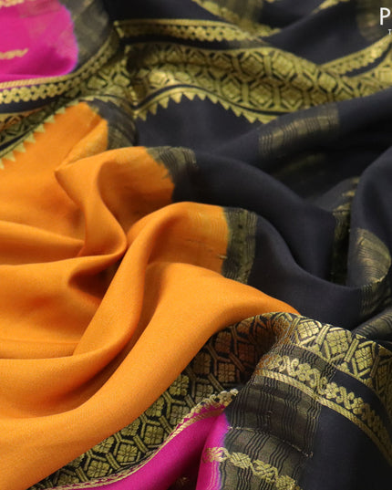 Pure mysore silk saree mango yellow and pink black with plain body and long zari woven border