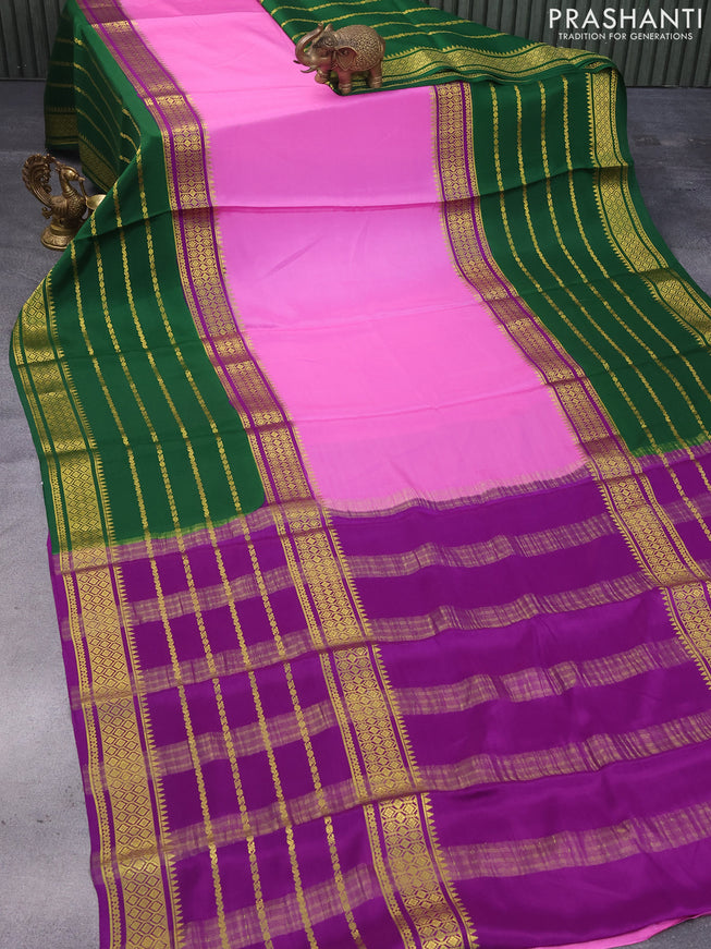 Pure mysore silk saree pink green and violet with plain body and long zari woven border