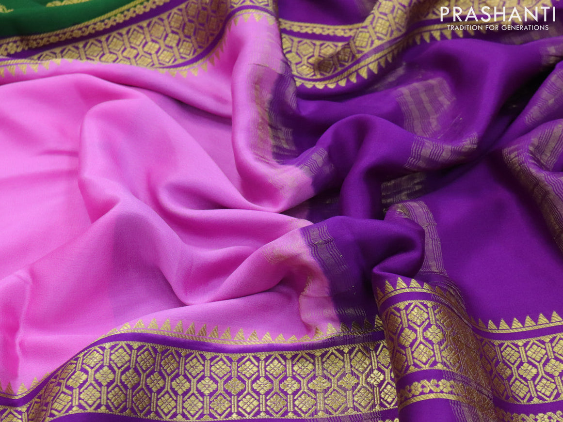 Pure mysore silk saree pink green and violet with plain body and long zari woven border