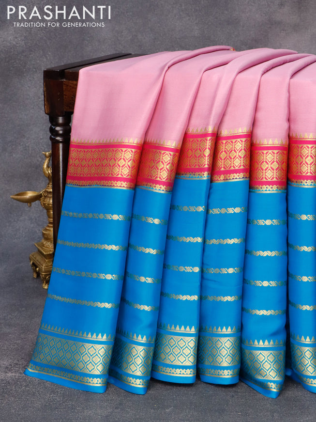 Pure mysore silk saree mauve pink cs blue and pink with plain body and long zari woven border