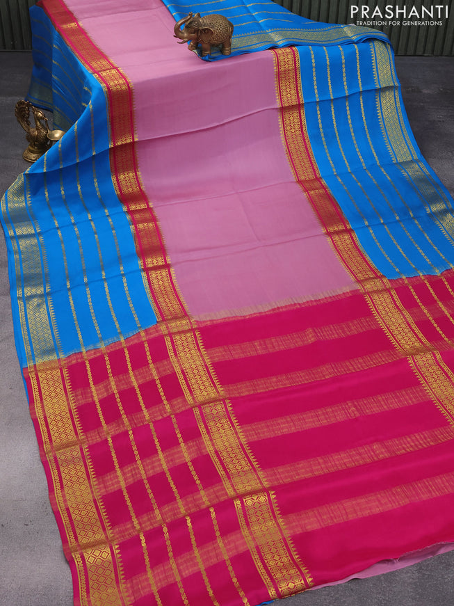 Pure mysore silk saree mauve pink cs blue and pink with plain body and long zari woven border