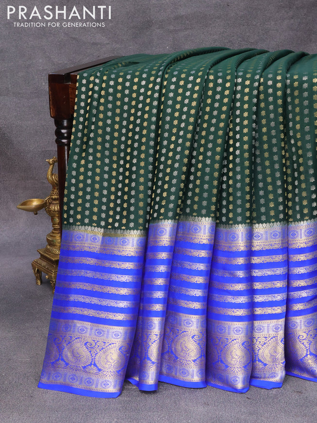 Pure mysore silk saree green and royal blue with allover silver & gold zari woven butta weaves and long zari woven border