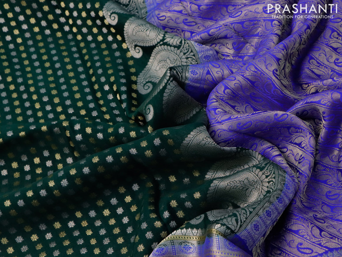 Pure mysore silk saree green and royal blue with allover silver & gold zari woven butta weaves and long zari woven border