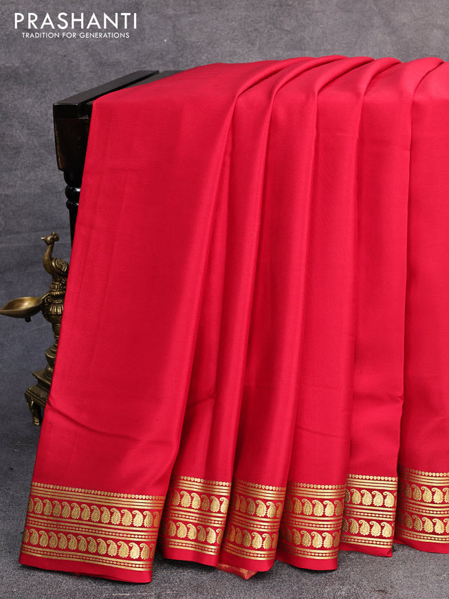Pure mysore silk saree red with plain body and paisley zari woven border