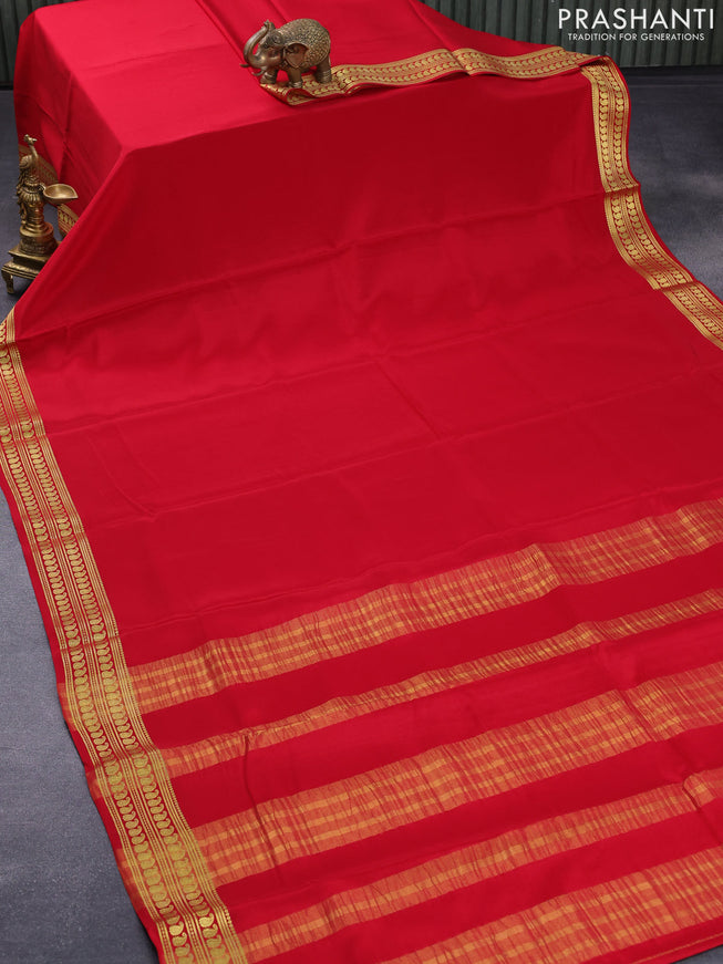 Pure mysore silk saree red with plain body and paisley zari woven border