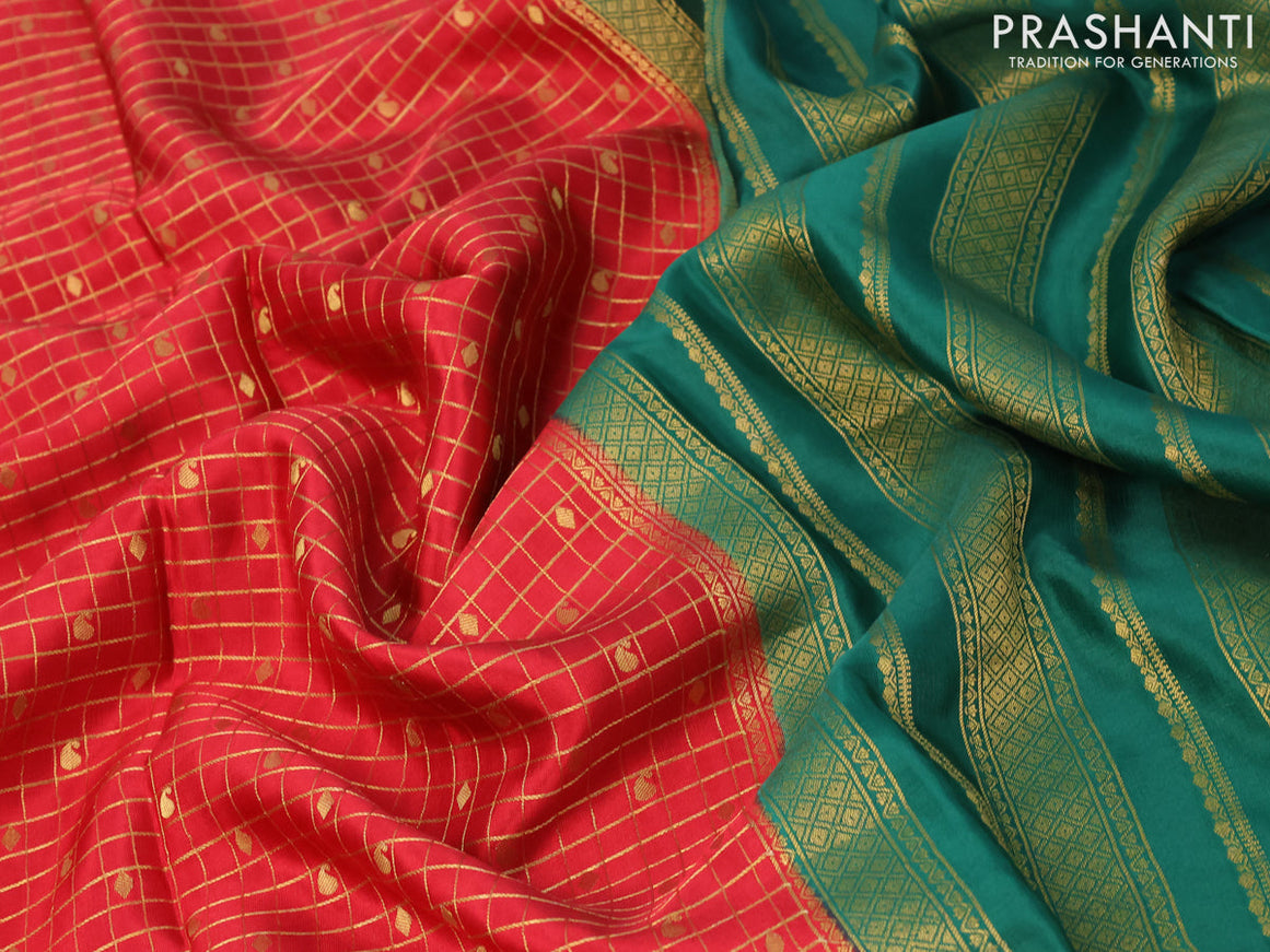Pure mysore silk saree red and green with allover zari checks & paisley buttas and zari woven border