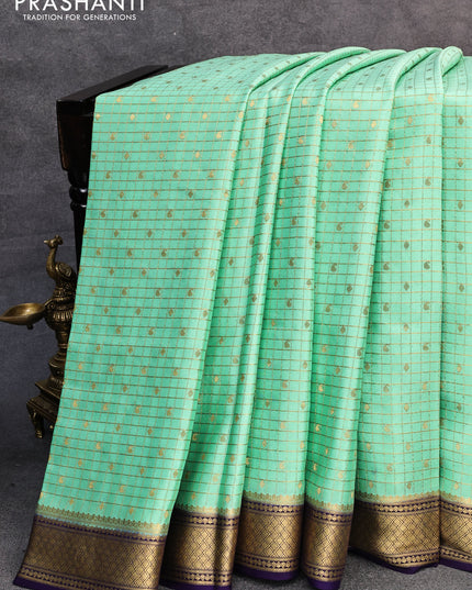 Pure mysore silk saree pastel green and blue with allover zari checks & paisley buttas and zari woven border