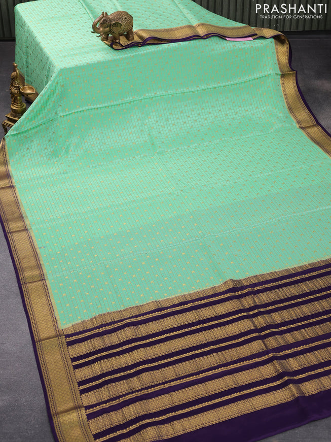 Pure mysore silk saree pastel green and blue with allover zari checks & paisley buttas and zari woven border