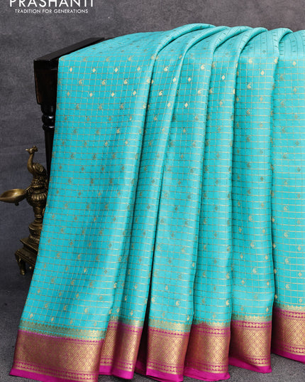 Pure mysore silk saree light blue and magenta pink with allover zari checks & paisley buttas and zari woven border