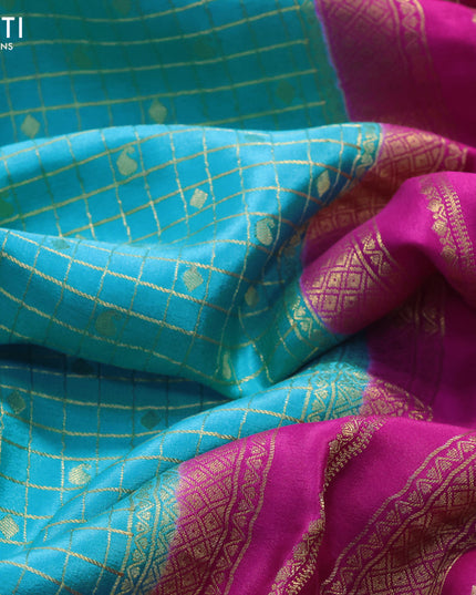 Pure mysore silk saree light blue and magenta pink with allover zari checks & paisley buttas and zari woven border