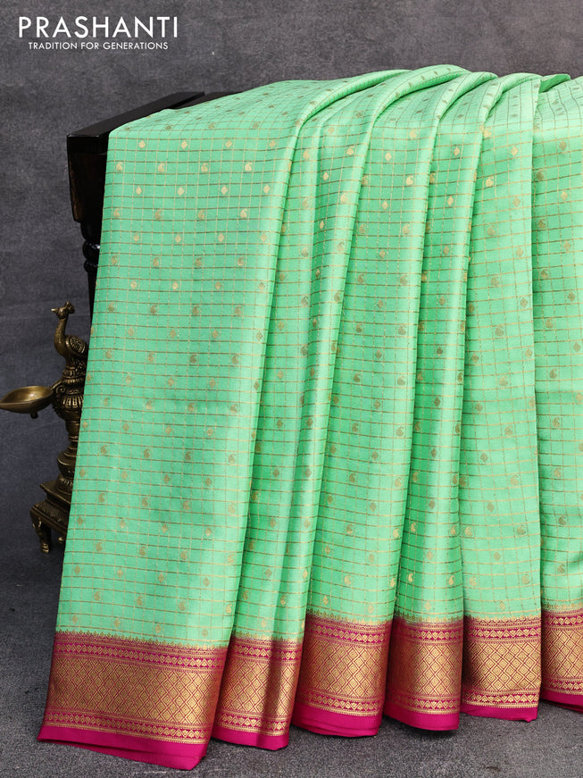 Pure mysore silk saree pista green and pink with allover zari checks & paisley buttas and zari woven border