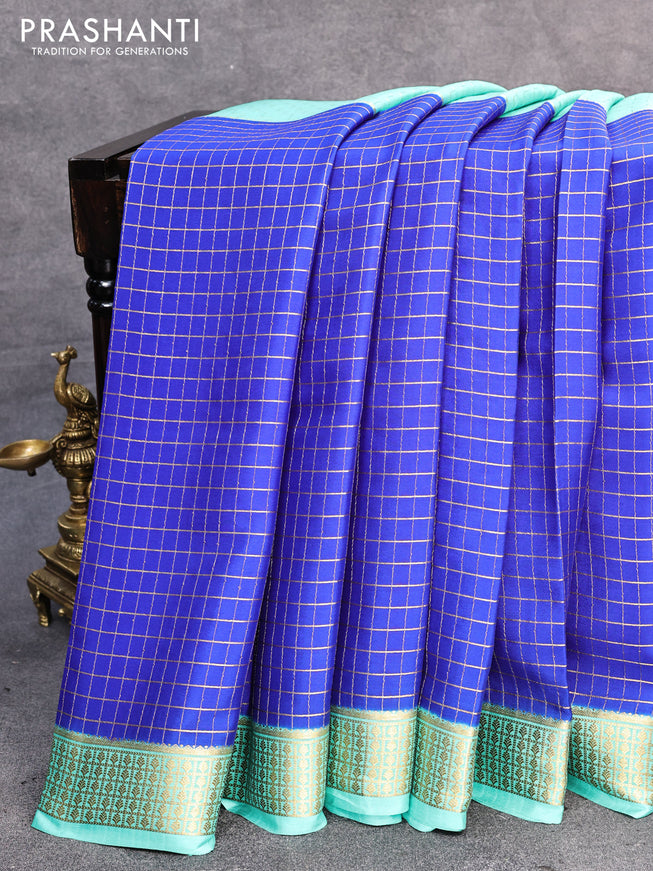 Pure mysore silk saree teal blue and royal blue with half & half style and zari woven border