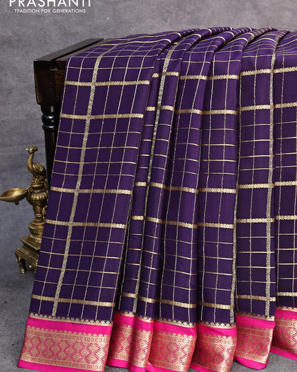 Pure mysore silk saree dark blue and pink with allover zari checked pattern and zari woven border