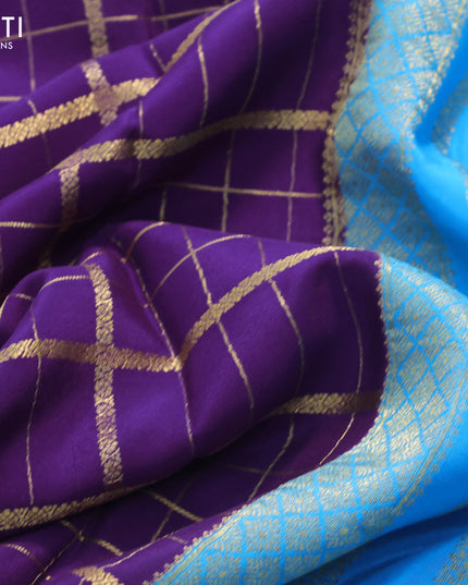Pure mysore silk saree deep violet and blue with allover zari checked pattern and zari woven border