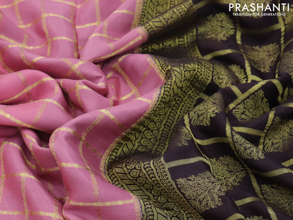 Pure mysore silk saree mauve pink and coffee brown with allover zari checked pattern and zari woven border